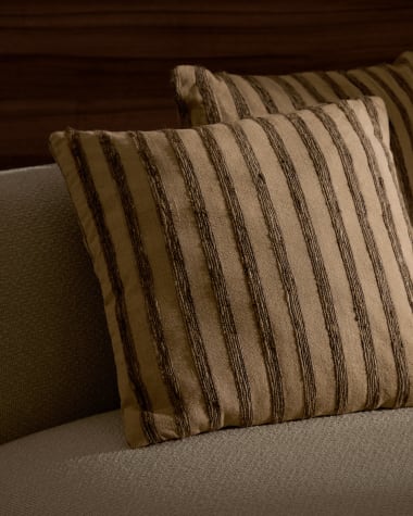 Enara cushion cover in beige and brown striped silk and cotton, 45 x 45 cm