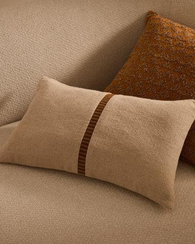 Ardit beige linen and cotton cushion cover mustard-coloured embroidered stripe 30x50cm