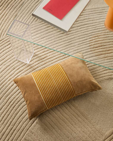 Samit 100% cotton velvet cushion cover with contrasting mustard-coloured stripes, 30 x 50 cm