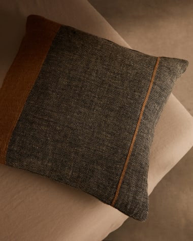 Eiko 100% grey linen cushion cover with vertical terracotta stripes, 50 x 50 cm