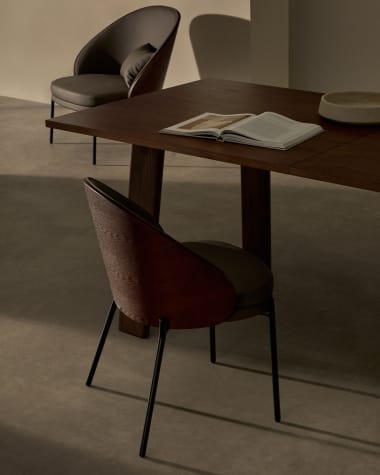 Eamy chair in brown faux leather, ash veneer with walnut and black metal finish