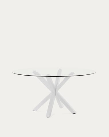 Argo round table with glass top and white-finished steel legs, Ø150 cm