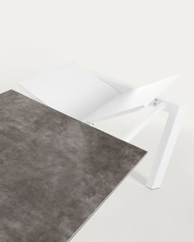 Axis extendable ceramic table in Vulcano Ceniza finish, white steel legs 120 (180) cm