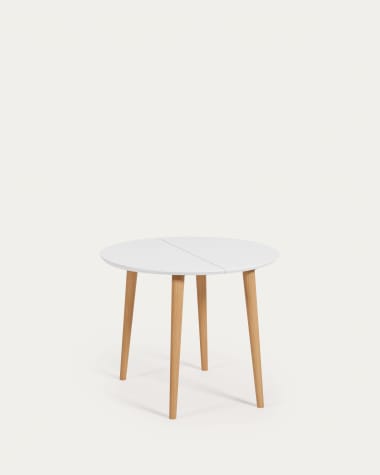 Rozkładany okrągły stół Oqui MDF lakierowany na biało i nogi z litego drewna bukowego 90 (170) x 90 cm