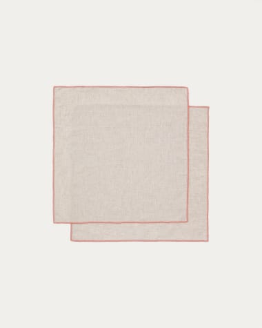 Set di 2 tovaglioli in lino e viscosa Veliat beige con profili a contrasto rosa 40 x 40 cm