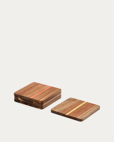 Zairin set of 4 coasters in 100% FSC acacia wood and multicolored metal