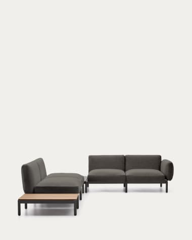 Modulares Outdoor-Ecksofa Sorells mit 4 Sitzplätzen mit grauer Polsterung und grauem Aluminium, mit Tisch aus Teakholz, 353 x 316,5 cm, FSC 100 %
