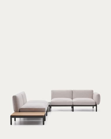 Modulares Outdoor-Ecksofa Sorells mit 4 Sitzplätzen mit beigefarbener Polsterung und grauem Aluminium, mit Tisch aus Teakholz, 353 x 316,5 cm, FSC 100 %