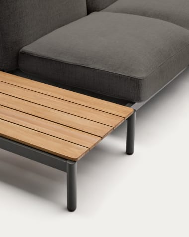 Modulares Outdoor-Ecksofa Sorells mit 4 Sitzplätzen mit grauer Polsterung und grauem Aluminium, mit Tisch aus Teakholz, 353 x 316,5 cm, FSC 100 %