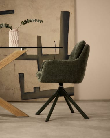 Lexa swivel chair in green chenille and steel legs in a green finish