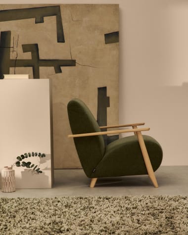 Meghan armchair in green chenille and with solid beech wood in a natural finish FSC Mix Credit