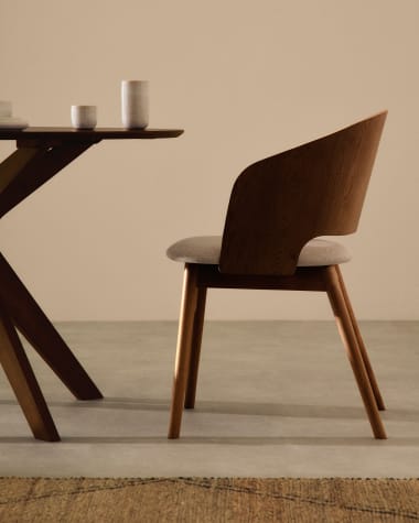 Senoa chair made of ash veneer and solid rubber wood with a wenge finish and beige chenille