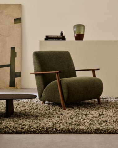 Meghan armchair in green chenille and solid ash wood with walnut finish FSC Mix Credit