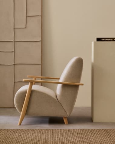 Meghan armchair in pearl chenille and with solid beech wood in a natural finish FSC Mix Credit