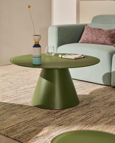 Wilshire coffee table with frosted tempered glass and matt green painted steel finish Ø80cm