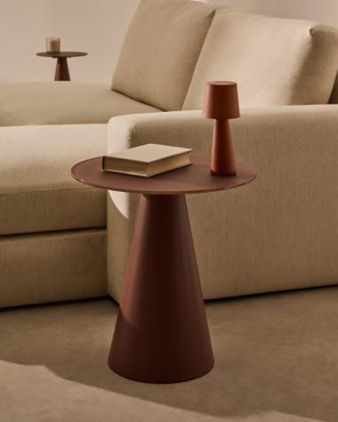 Wilshire side table with frosted tempered glass and matt terracotta painted steel finish Ø50cm