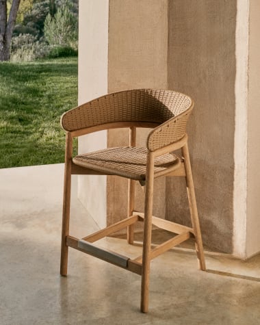 Arinella stool in FSC 100% solid acacia wood with natural finish and beige rope cord 65cm