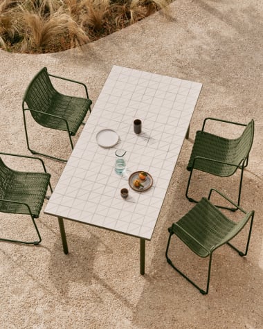 Maurina outdoor table in green galvanised steel with ecru-colored tiles 182 x 91cm