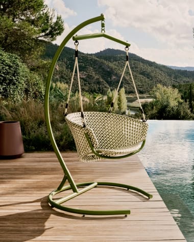 Saliga green hanging armchair with base in aluminium and synthetic rattan