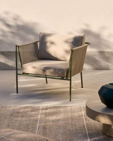 Zivia outdoor armchair in ecru rope cord and green galvanised steel