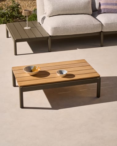 Sorells coffee table in green aluminum and teak wood 52,4 x 91 cm FSC 100%