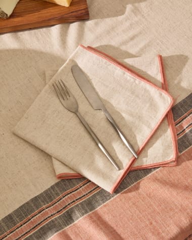 Veliat set of 2 beige linen and viscose napkins with contrasting pink trim 40 x 40cm