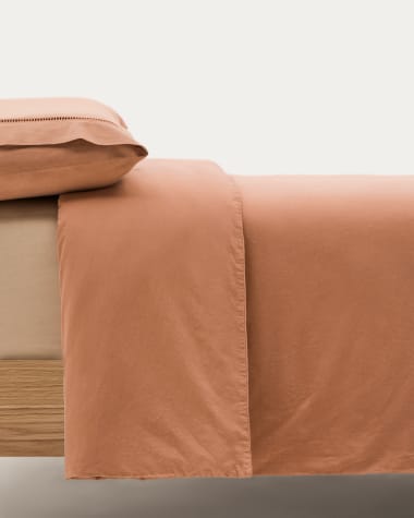 Set Caline de housses de couette et taie d'oreiller 100 % coton percale terracotta pour lit de 90 cm
