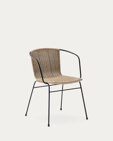 Eltiera stackable chair in synthetic rattan with black steel frame and arms