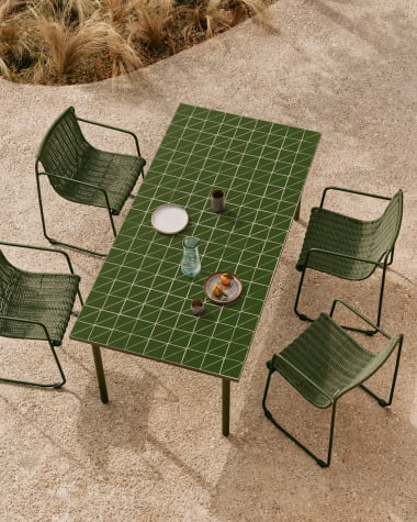 Maurina outdoor table in green galvanised steel with green tiles 182 x 91cm