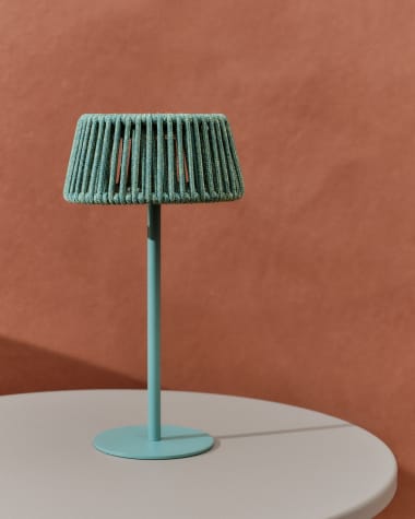 Aldet outdoor solar table lamp in turquoise rope cord