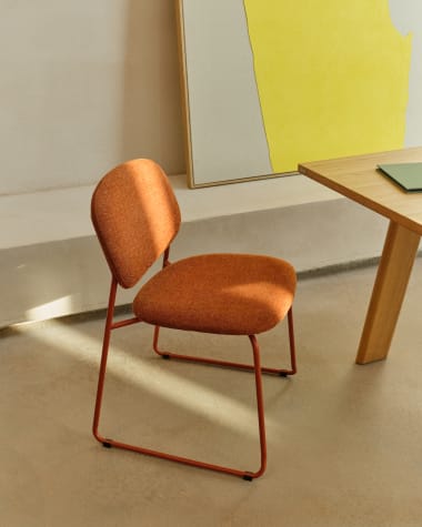 Meli stackable chair in terracotta chenille with terracotta metal legs FSC Mix Credit