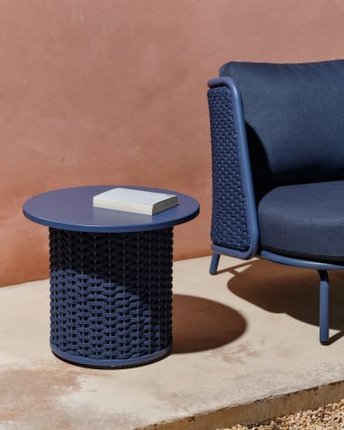 Sedalis outdoor side table in aluminium and blue rope cord Ø50cm