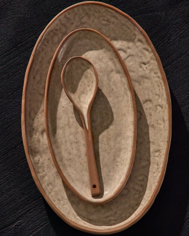 Zunel set of 2 beige ceramic plates and 1 spoon