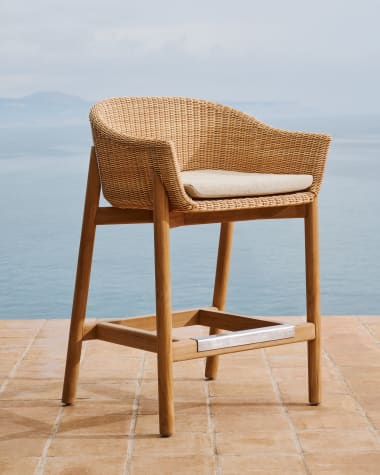 Galea stool in FSC 100% solid teak wood and synthetic rattan 65cm