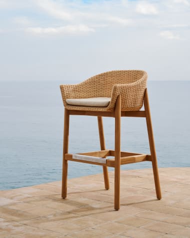 Galea stool in FSC 100% solid teak wood and synthetic rattan 75cm