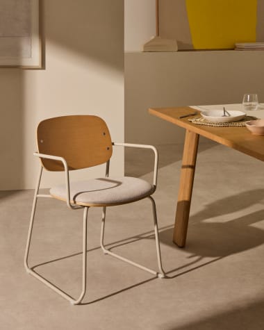 Meli chair in ash veneer with beige chenille seat and beige metal structure FSC Mix Credit