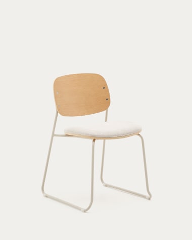 Meli stackable chair in poplar plywood with beige chenille seat and beige metal legs FSC Mix Credit