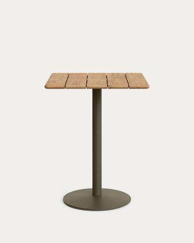 Tavolo alto da esterno Esilda con piano in acacia FSC 100% 80 x 80 cm e base in acciaio verde Ø 55 x 96 cm