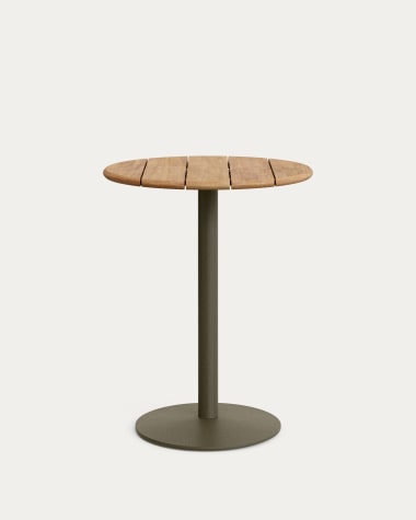 Tavolo alto rotondo da esterno Esilda con piano in acacia 100% FSC Ø 80 cm e base in acciaio verde Ø 55 x 96 cm