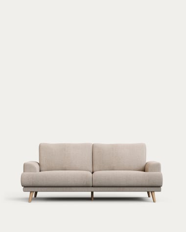 Karin 2-seater sofa beige with solid beech wood legs with natural finish, 210 cm