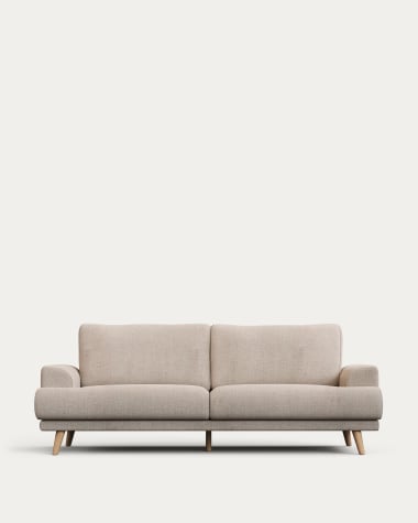 Karin 3-seater sofa beige with solid beech wood legs with natural finish, 231 cm