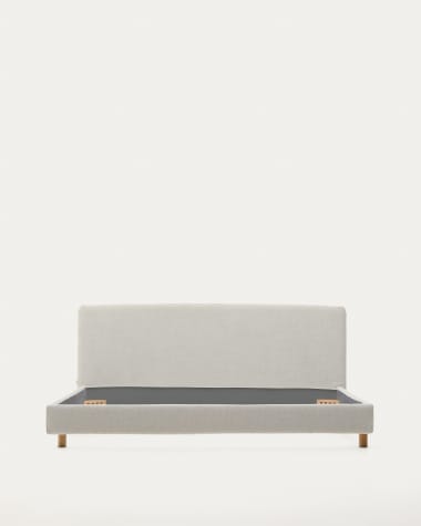 Cadre de lit déhoussable Valma en tissu chenille perle avec pieds en bois massif de hêtre pour lit de 180 x 200 cm.