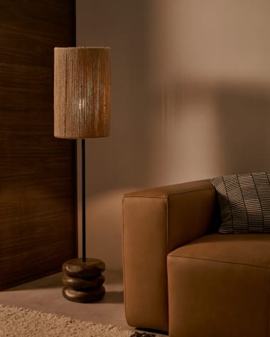 Kor table floor lamp made of jute and acacia wood in a dark finish