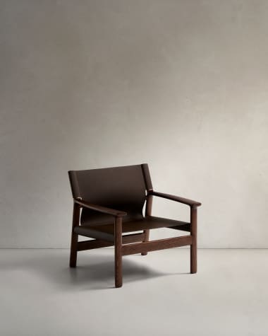 Jan armchair in dark brown 85% recycled leather and FSC 100% solid ash wood with walnut-coloured finish