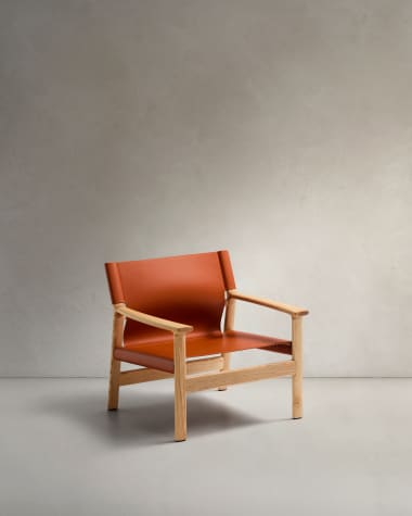 Jan armchair in light brown 85% recycled leather and FSC 100% solid ash wood with natural tone finish