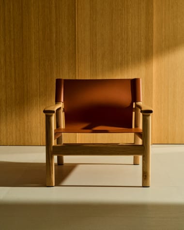 Jan armchair in light brown 85% recycled leather and FSC 100% solid ash wood with natural tone finish