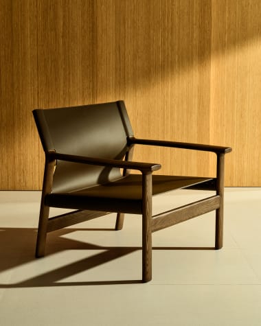 Jan armchair in dark brown 85% recycled leather and FSC 100% solid ash wood with walnut-coloured finish