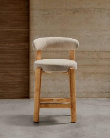 Granite stool made of beige chenille and solid ash wood with natural tone finish FSC 100% 75cm