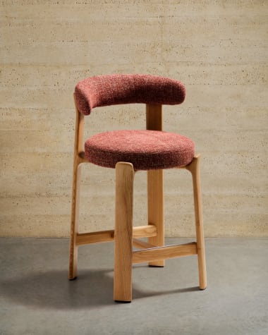 Granite stool in terracotta chenille and solid ash wood with natural tone finish FSC 100% 65cm