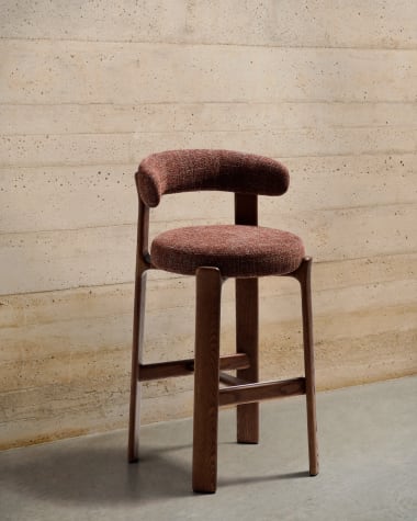 Granite stool in brown chenille and solid ash wood with walnut-coloured finish FSC 100% 75cm